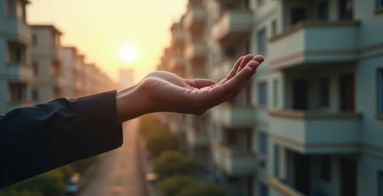 Image symbolique montrant une main tendue au-dessus d’une copropriété ancienne pour représenter l’accompagnement et le soutien