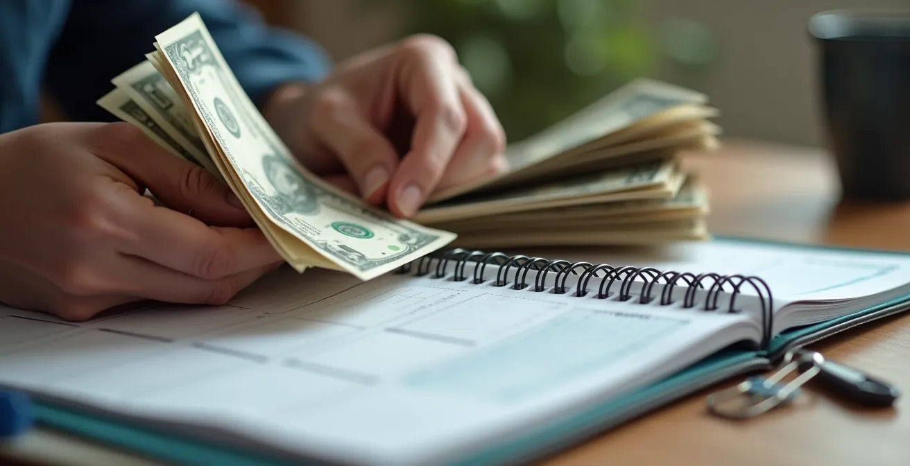 Vue rapprochée de billets de banque posés sur un agenda avec stylos symbolisant la gestion financière en copropriété