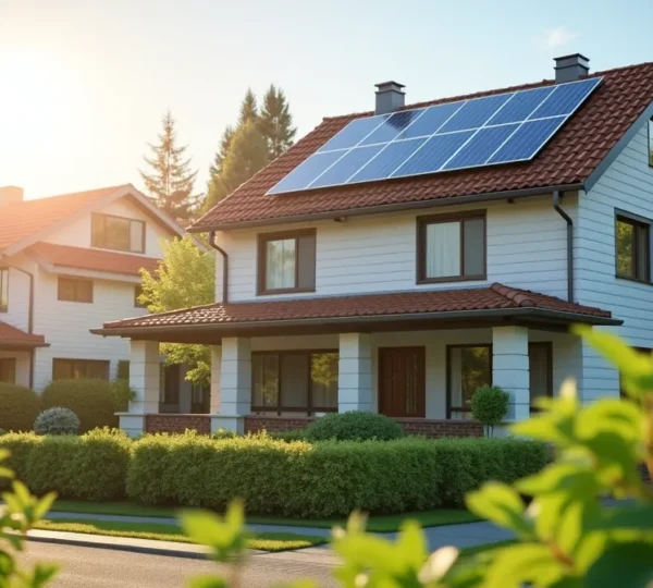 Vue d'une copropriété moderne avec panneaux solaires et éléments symbolisant la rénovation énergétique
