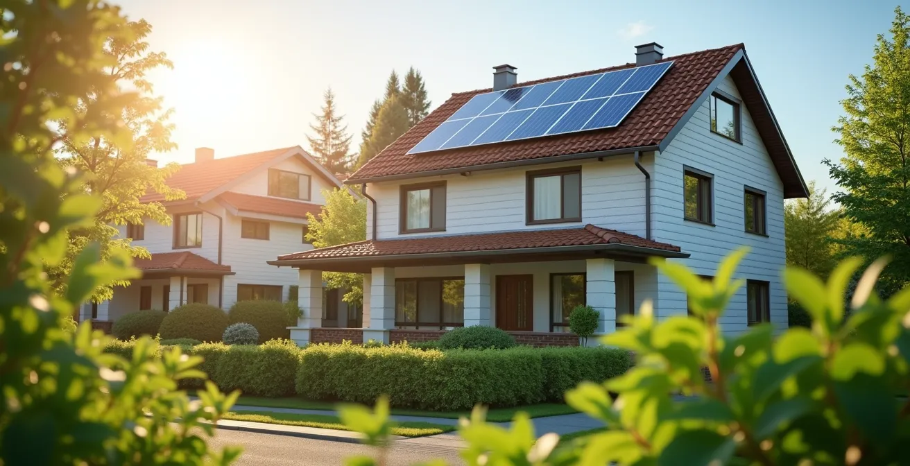 Vue d'une copropriété moderne avec panneaux solaires et éléments symbolisant la rénovation énergétique
