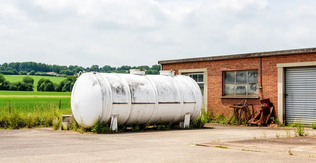 Citerne propane blanche installée dans cour d'entreprise zone rurale
