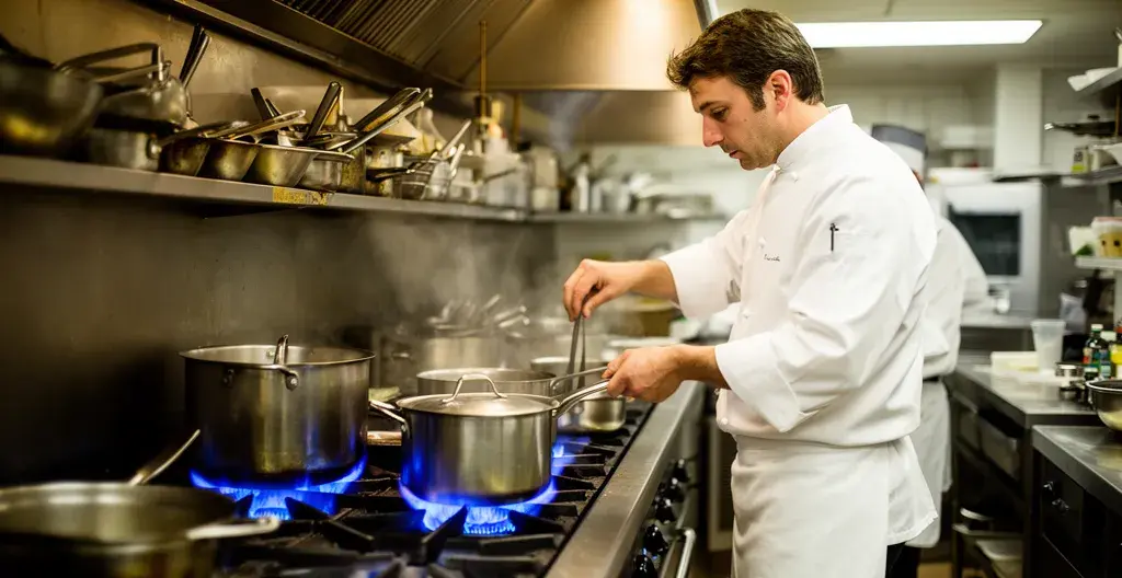 Chef cuisinier utilisant fourneau gaz propane en cuisine professionnelle restaurant