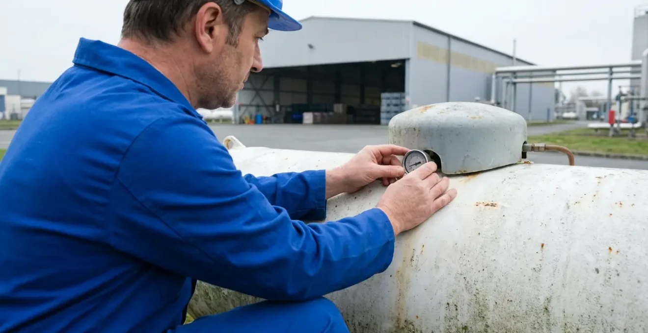 Technicien vérifiant jauge citerne propane sur site industriel professionnel