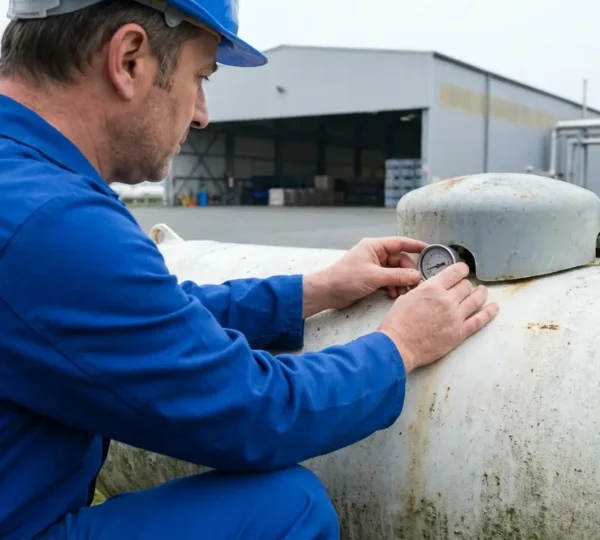 Technicien vérifiant jauge citerne propane sur site industriel professionnel