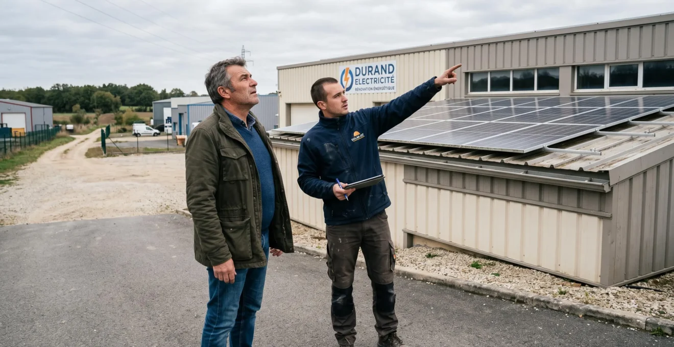 Un dirigeant et un installateur discutent sous une toiture solaire.