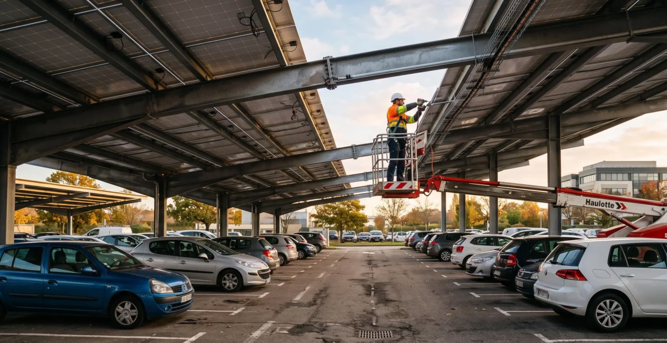 Des ombrières photovoltaïques couvrent un parking d'entreprise.