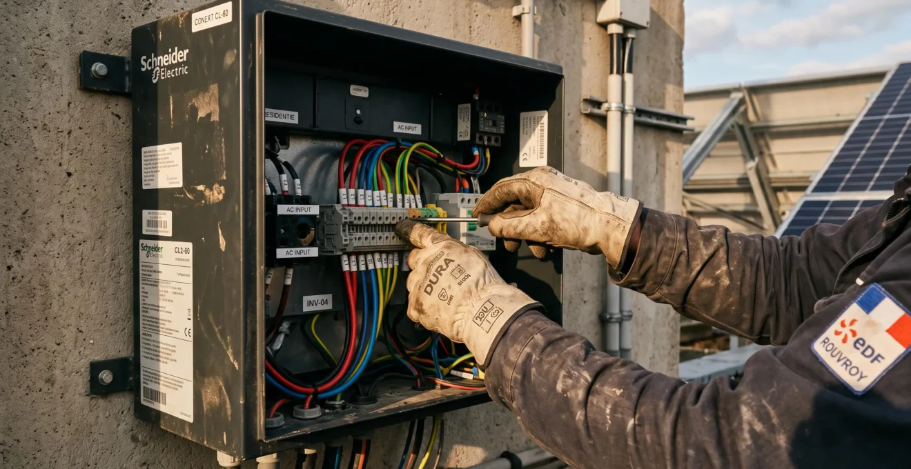 Un technicien connecte des câbles dans un coffret de conversion solaire.