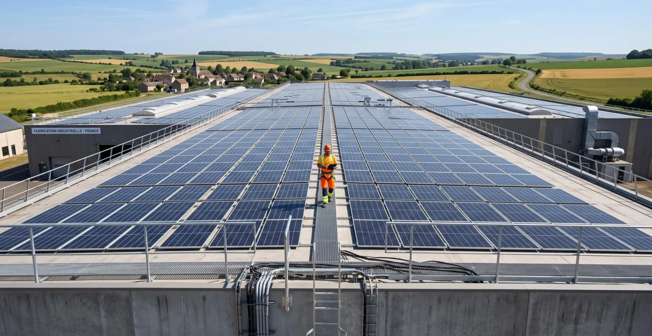 Un technicien inspecte des panneaux solaires sur le toit d'un bâtiment industriel.