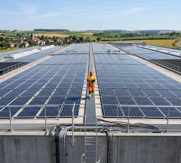 Un technicien inspecte des panneaux solaires sur le toit d'un bâtiment industriel.